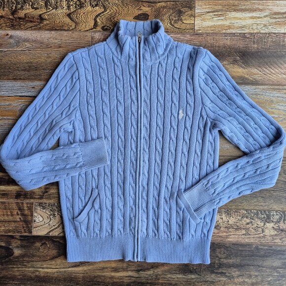 Vintage Y2K Ralph Lauren Sport Pony Cotton Cable Knit Zip Cardigan Pocket Blue - Picture 1 of 15
